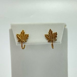 Vintage Maple Leaf Earrings, Gold Finish Sterling Silver, Minimalist, Screw Back